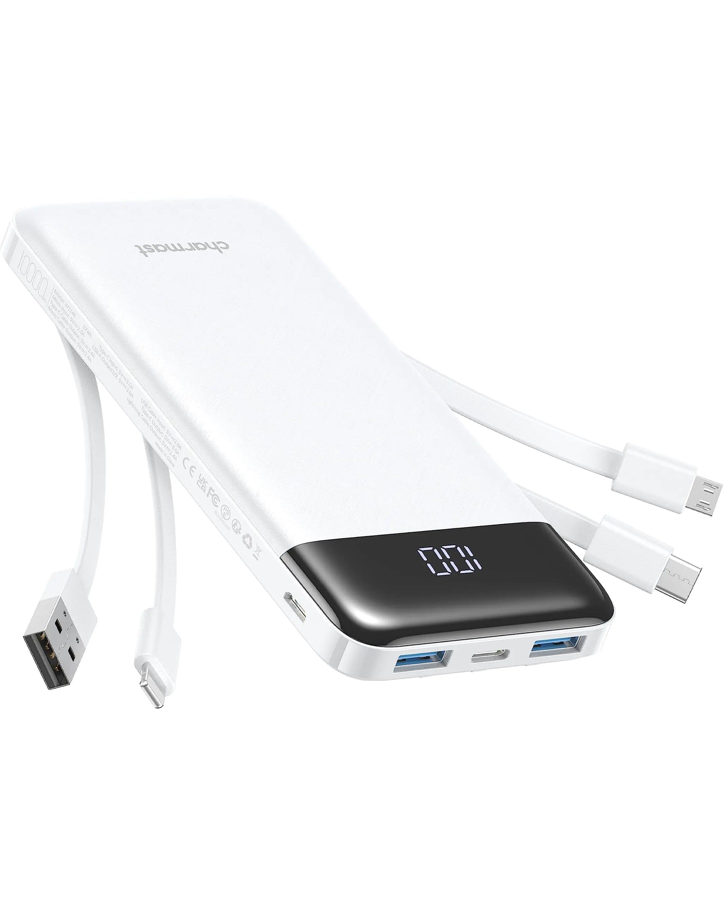 Slim 10000mAh Power Bank with Built-in Cables