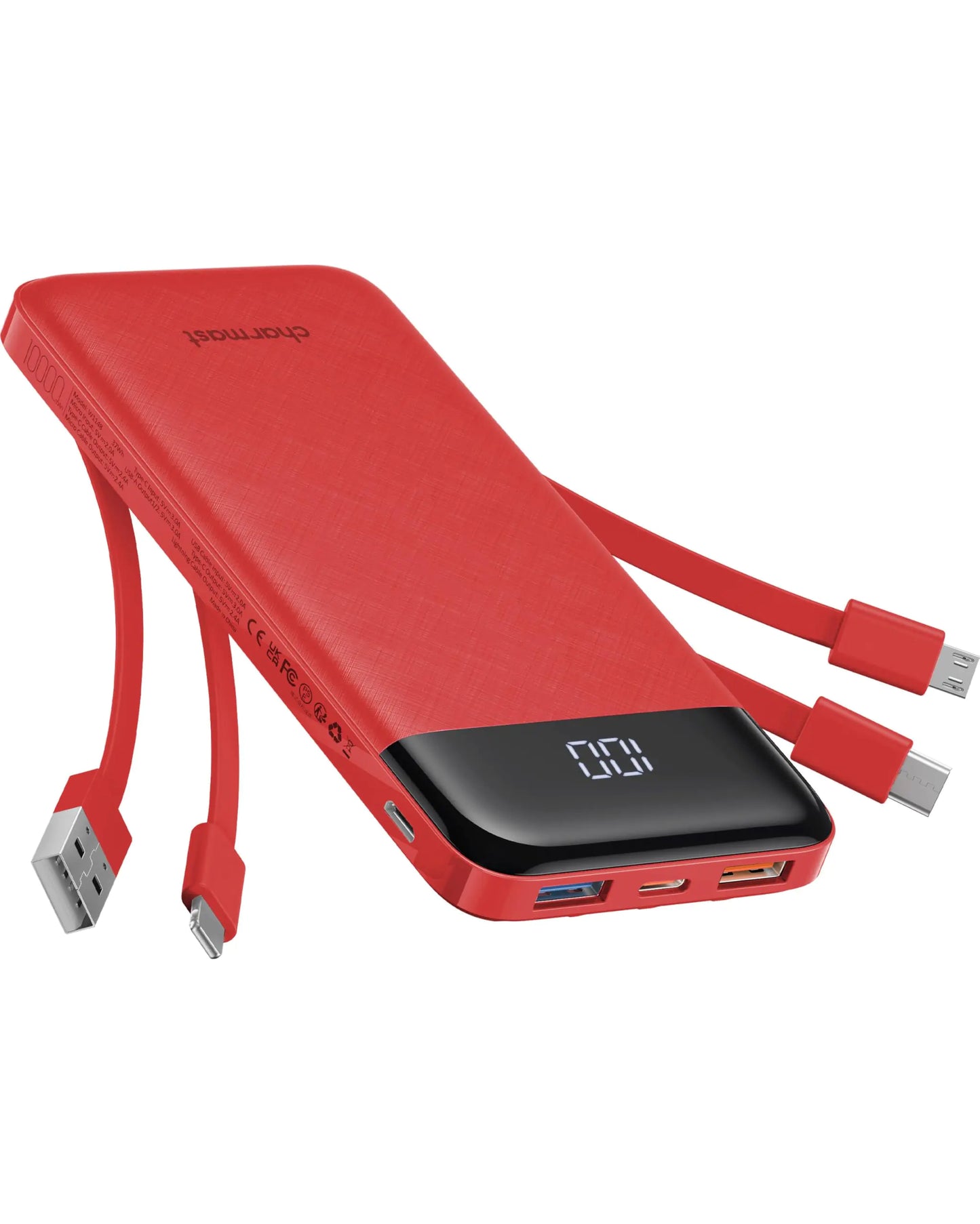 Slim 10000mAh Power Bank with Built-in Cables