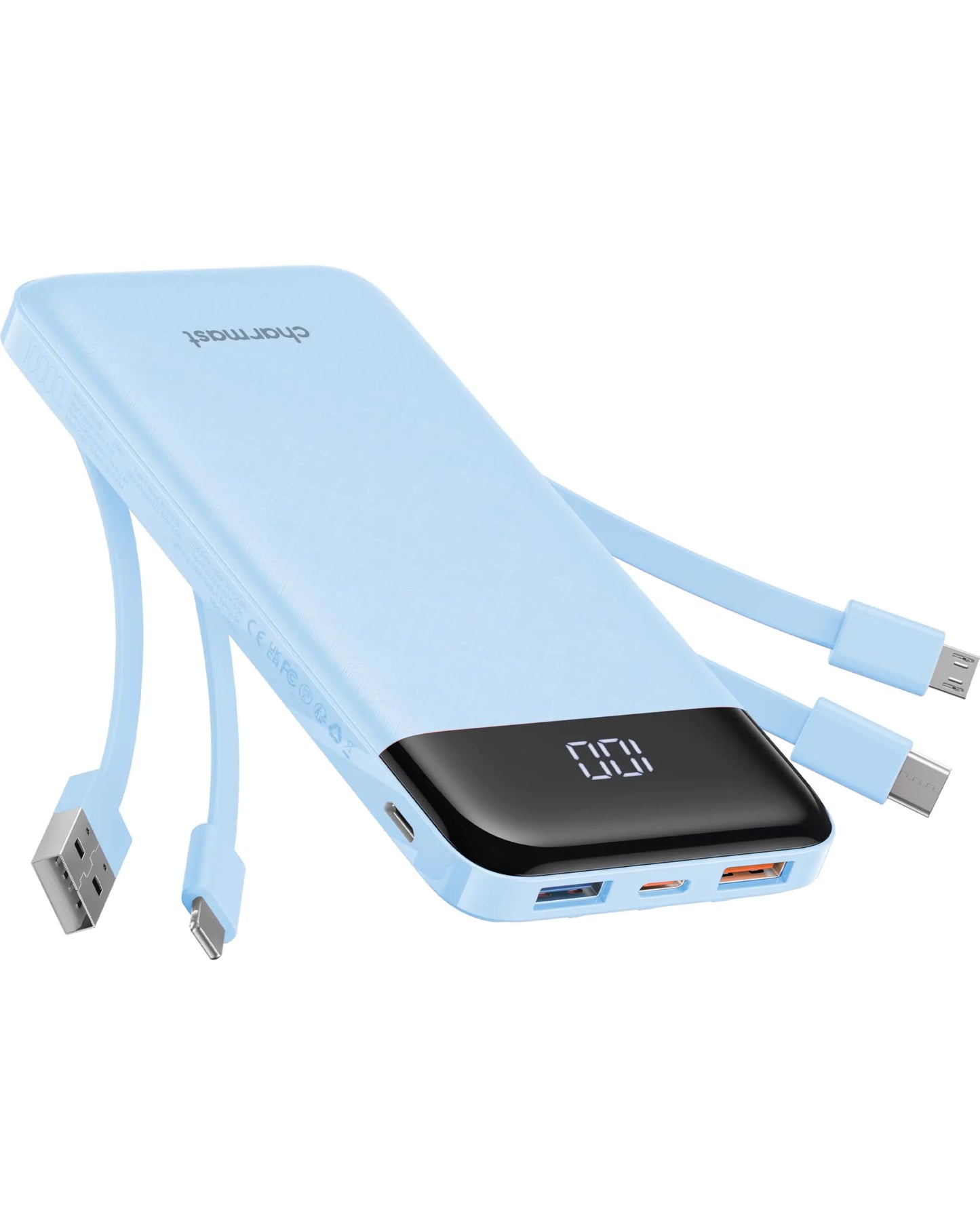 Slim 10000mAh Power Bank with Built-in Cables